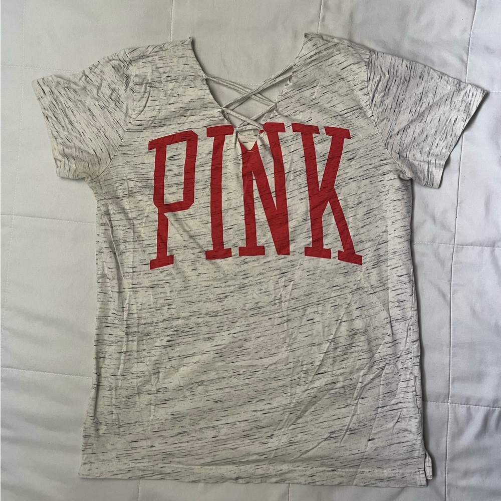 PINK Victoria's Secret Short Sleeve Lace-Up V-Neck Logo Tee in Heathered Cream